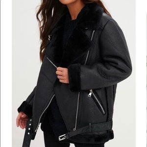 Faux fur aviator moto biker jacket black 🖤